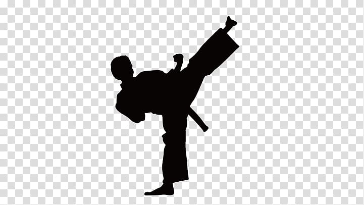 silhouette of martial artist illustration, Karate Wall decal Kick Martial arts, Taekwondo silhouette figures transparent background PNG clipart