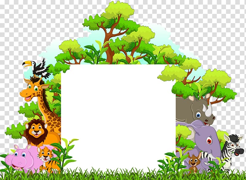 animal with trees template illustration, Cartoon Funny animal Illustration, A variety of forest animals transparent background PNG clipart