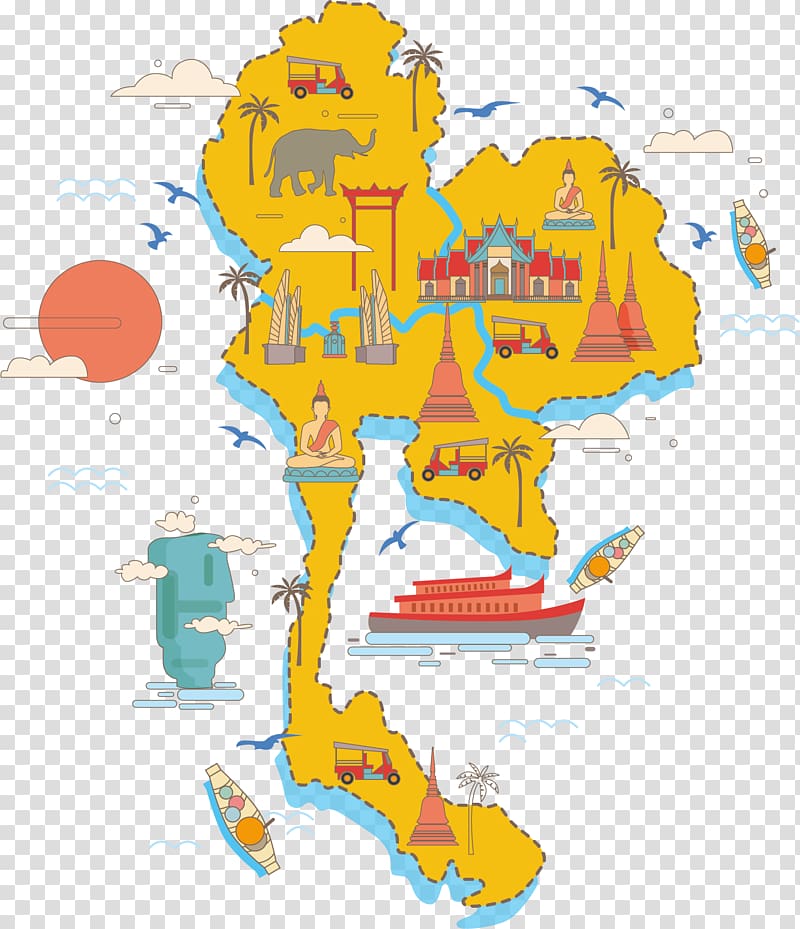 yellow map illustration, Thailand Map Poster, Thailand sightseeing map transparent background PNG clipart