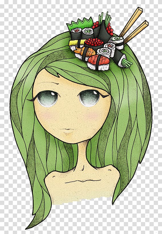 Green Decoupage Illustration, Green-haired beauty transparent background PNG clipart