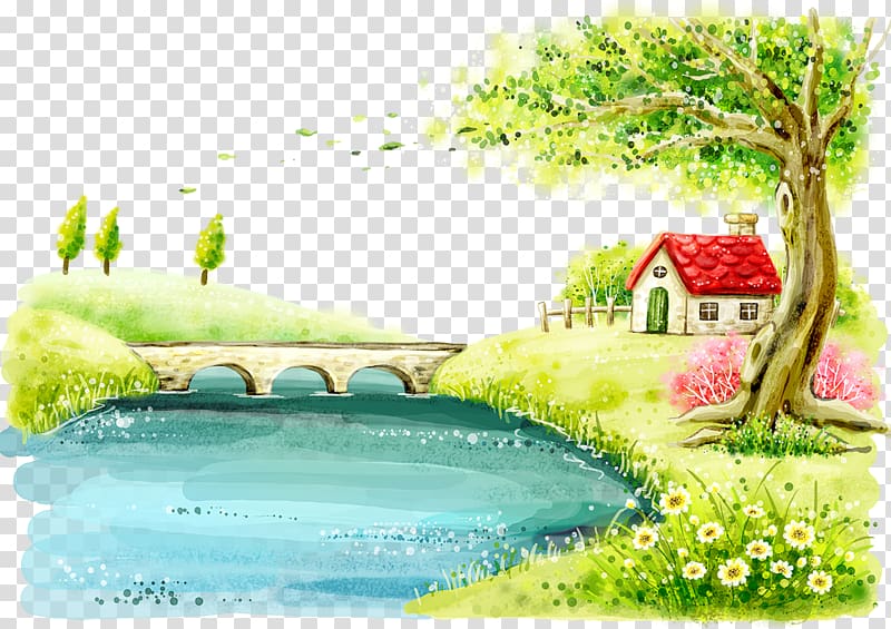 house near body of water , Cartoon Comics Architecture Illustration, Pond red house transparent background PNG clipart