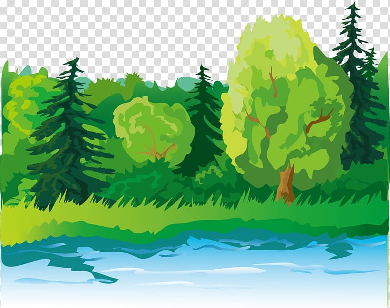 green trees artwork, Cartoon Illustration, Cartoon trees lake transparent background PNG clipart