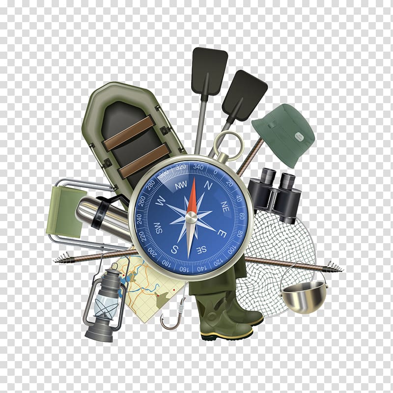 Compass Camping Fishing Illustration, Compass and outdoor appliances transparent background PNG clipart