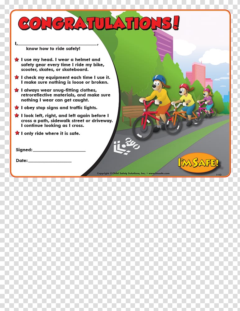 Bicycle safety I\'m Safe, on My Bike IMSAFE, english certificate transparent background PNG clipart