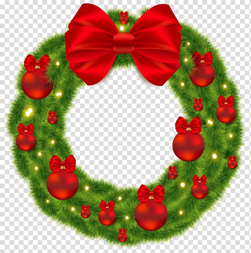 green wreath illustration, Santa Claus Christmas Icon Computer file, Pine Wreath with Red Bow and Christmas Balls transparent background PNG clipart