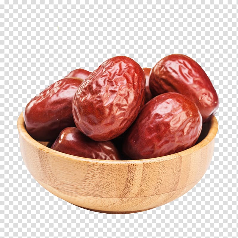 red fruits on brown wooden bowl, Congee Jujube Dried fruit, Creative boutique high-quality big red dates transparent background PNG clipart