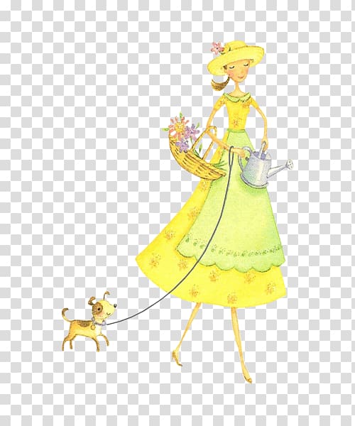 Cartoon Dog Illustration, Hand-painted cartoon girl walking the dog transparent background PNG clipart