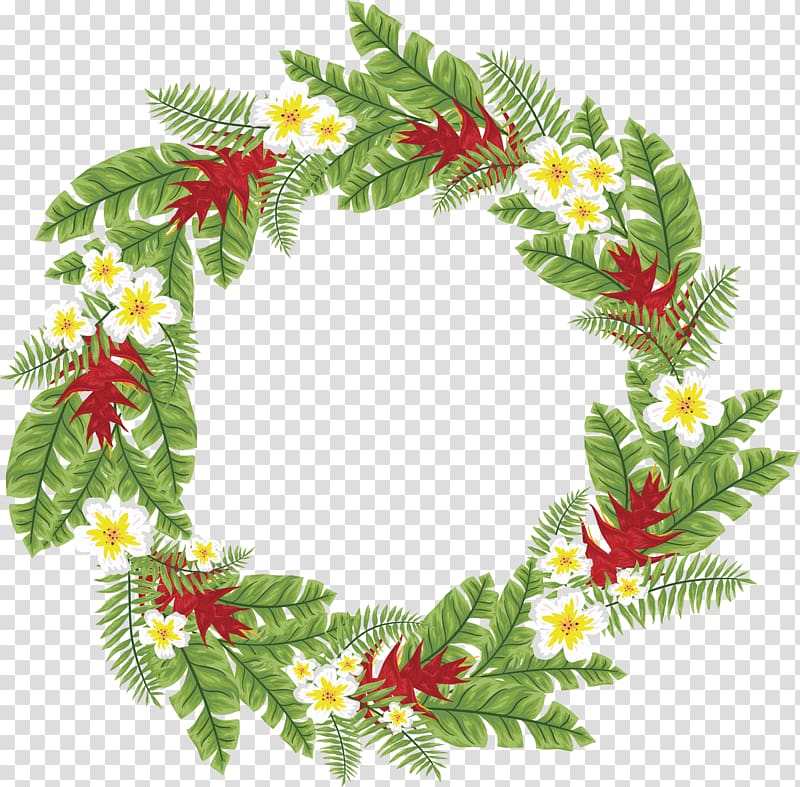 white and green flower wreath, Arecaceae Leaf Tree Computer file, Palm tree leaves wreath transparent background PNG clipart
