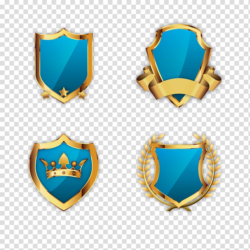 four blue-and-gold shield icons illustration, Adobe Illustrator, golden shield transparent background PNG clipart