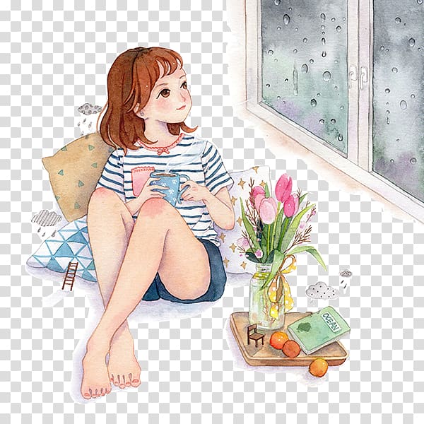 brown haired girl sitting beside the window illustration, Window Illustration, Look out the little girl out of the window transparent background PNG clipart