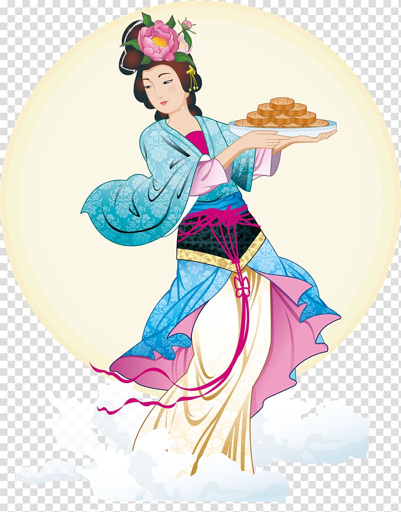 woman carrying tray , China Chang\'e Mid-Autumn Festival Mooncake , Mid Chang E rabbit material transparent background PNG clipart