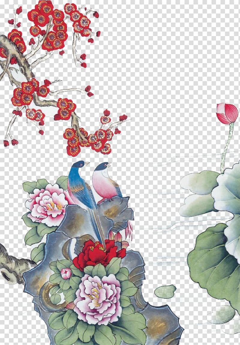 Bird-and-flower painting Ink wash painting Chinese painting Gongbi, Lotus poster transparent background PNG clipart