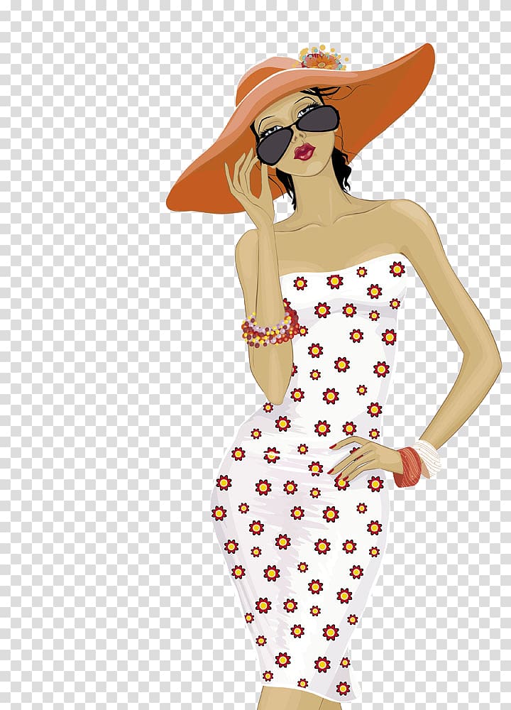 woman wearing white and red floral strapless dress illustration, Woman Illustration, Women wearing sunglasses transparent background PNG clipart