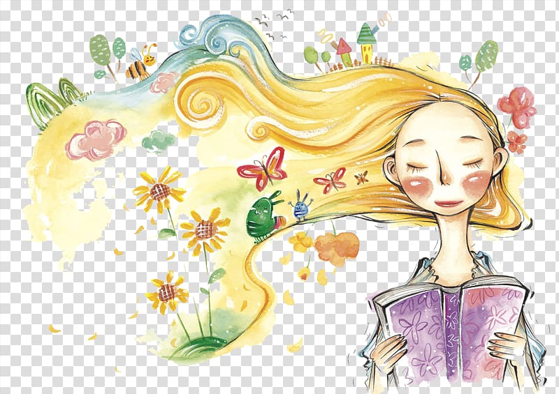 Watercolor painting Childhood Illustration, The illustration is breezy and the girl\'s hair is blowing transparent background PNG clipart