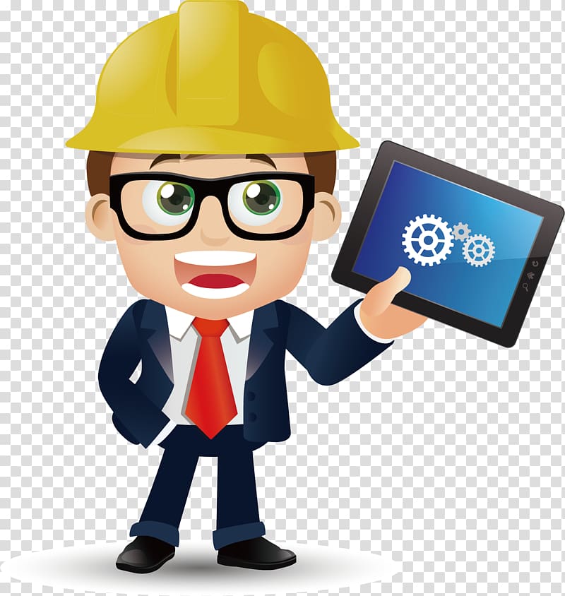 talking man holding tablet wearing yellow hard hat illustration, Architectural engineering, Tablet element transparent background PNG clipart