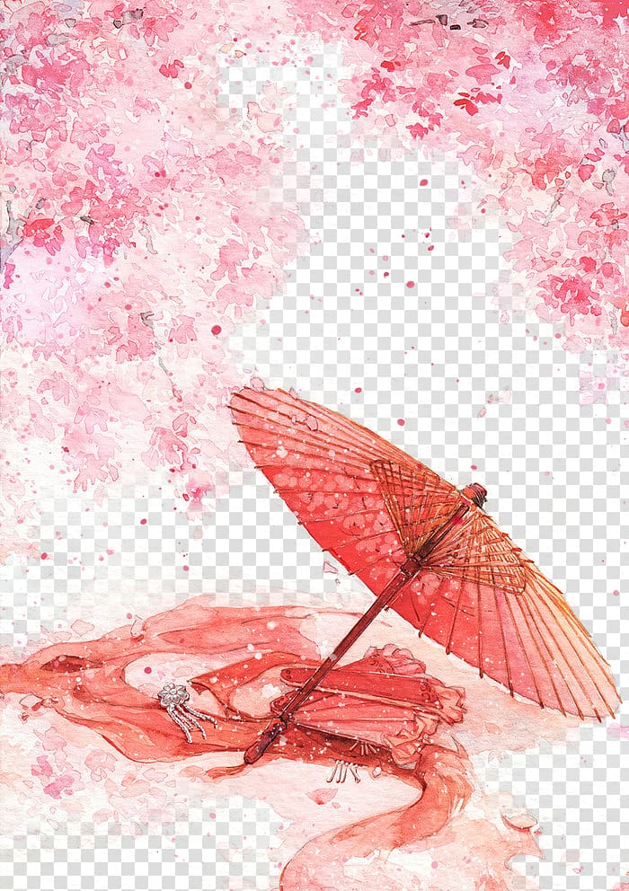 pink umbrella illustration, Watercolor painting Ink wash painting Illustration, Antiquity beautiful watercolor illustration transparent background PNG clipart