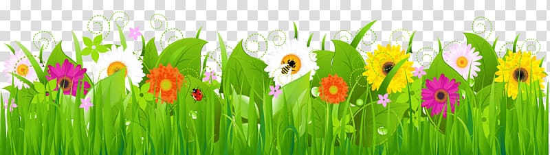 Grass with Flowers and Bee , assorted-color petaled flower transparent background PNG clipart