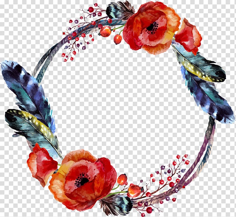 Boho-chic Watercolor painting Illustration, floral watercolor feathers, red and blue flowers and feathers illustration transparent background PNG clipart