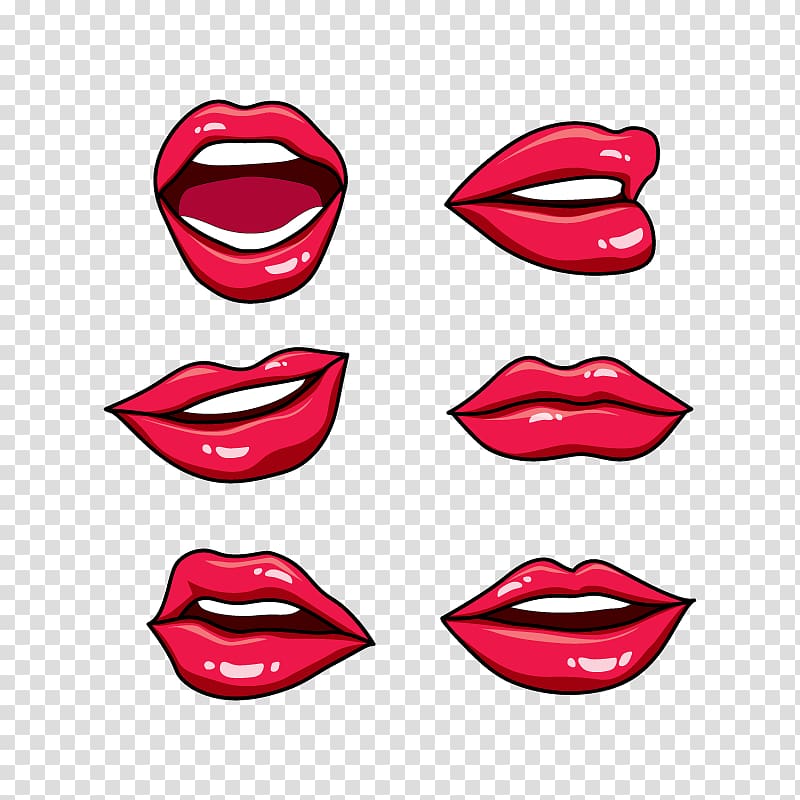 six red lips illustration, Lip Drawing Kiss Scalable Graphics , red lips collection transparent background PNG clipart