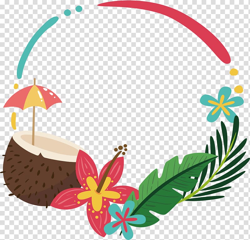 coconut and flowers painting, , Coconut palm summer border transparent background PNG clipart