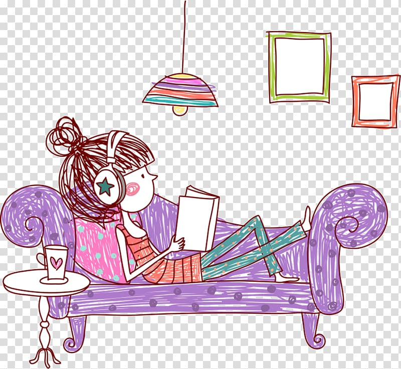 girl on the couch reading a book transparent background PNG clipart