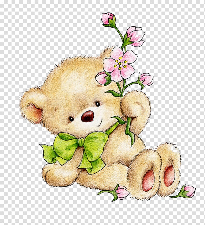brown bear illustration, Teddy bear Cartoon Drawing, Flowers bear transparent background PNG clipart