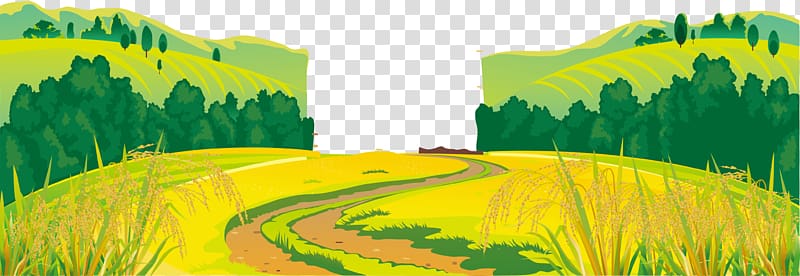 yellow and green field , Windmill Farm Landscape, Cartoon Countryside Rice Paddy Rice Forest Background transparent background PNG clipart