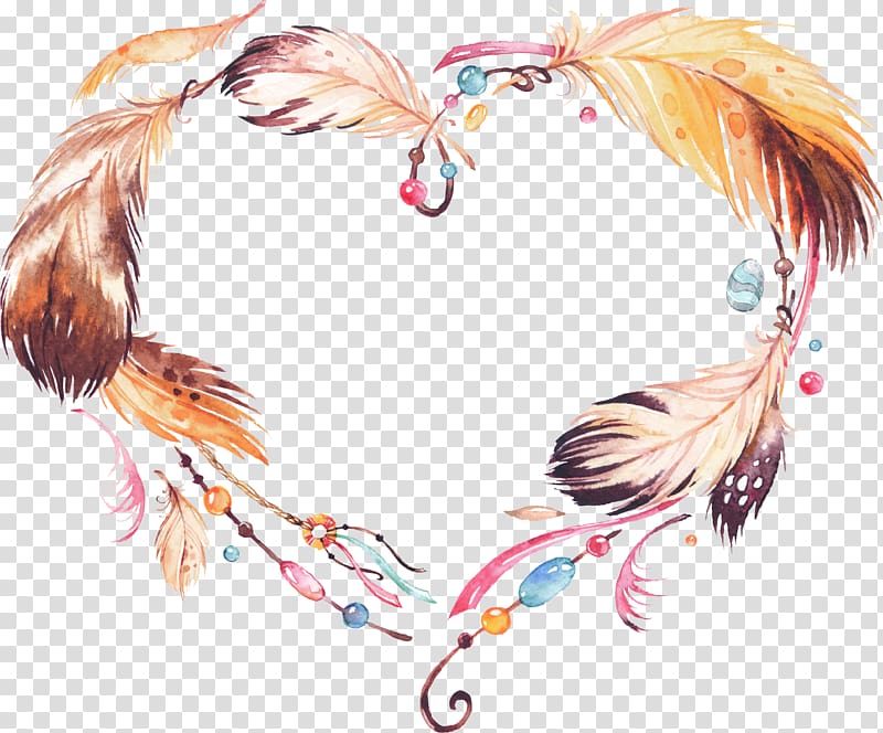 Wreath Amulet Watercolor painting Dreamcatcher , Ethnic feather wreath, brown and yellow feather wreath transparent background PNG clipart