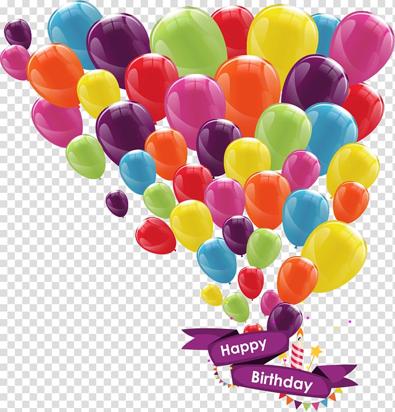 assorted color balloon lot with Happy Birthday text, Balloon Birthday Greeting card Ribbon, colorful balloons transparent background PNG clipart