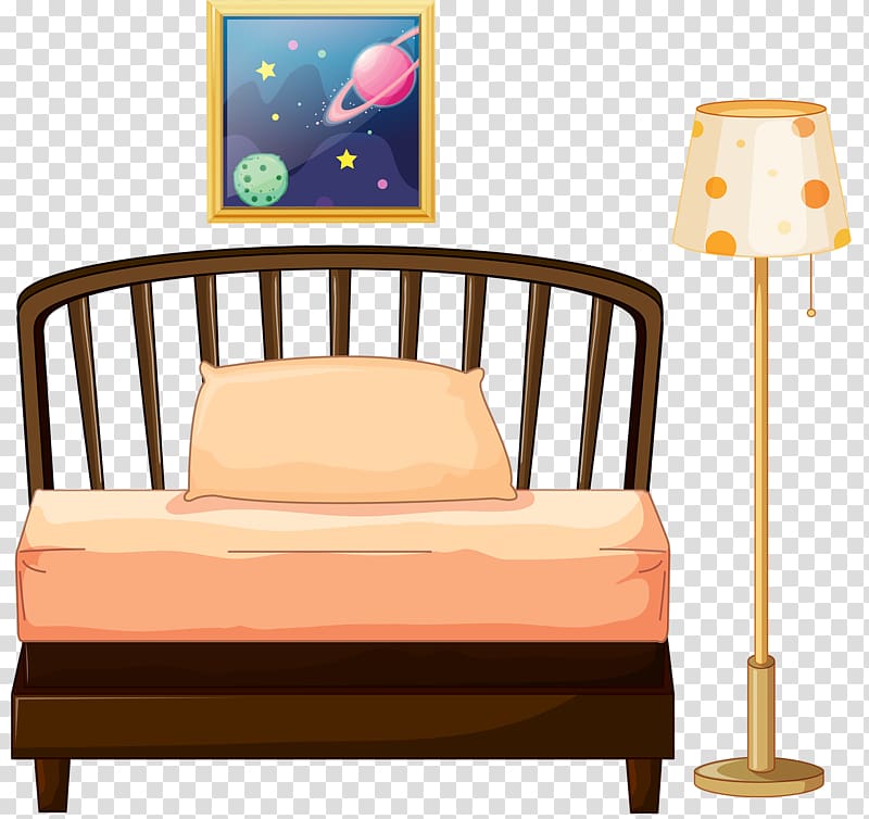 Nightstand Bedroom Furniture, Bed and a small table lamp transparent background PNG clipart