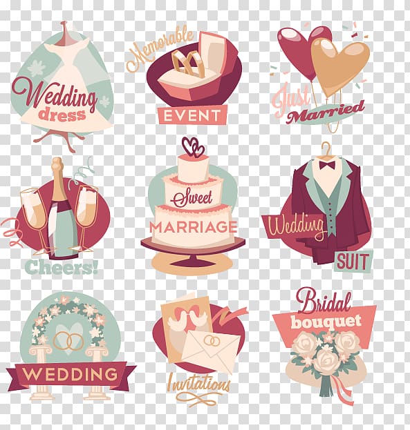 Wedding themed icons illustration, Logo Wedding Icon, Creative Wedding Collection class transparent background PNG clipart