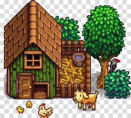 brown and green barn 8-bit illustration, Stardew Valley Farm transparent background PNG clipart