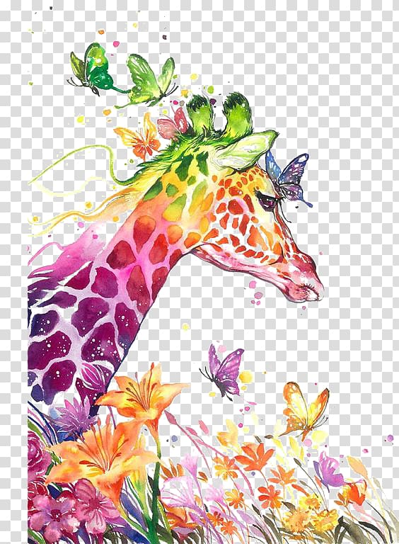 Watercolor painting Drawing Visual arts Canvas print, Watercolor Giraffe, multicolored giraffe and butterflies painting transparent background PNG clipart