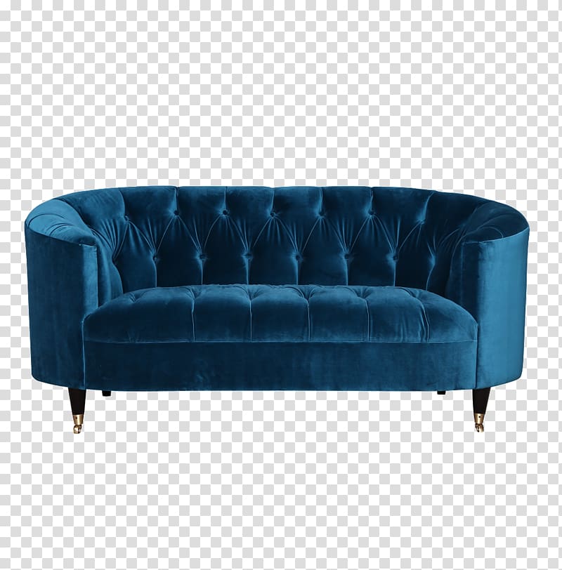 tufted blue suede 3-seat sofa, Loveseat Blue Couch, Blue fabric sofa transparent background PNG clipart
