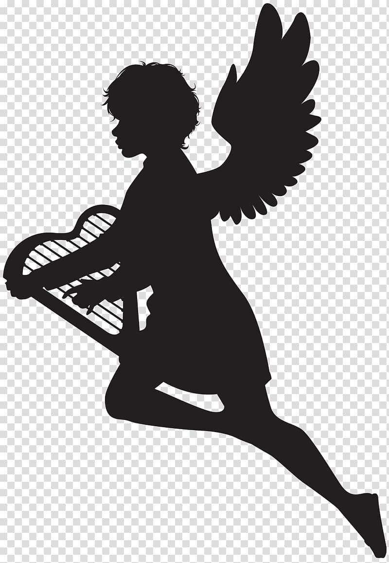 silhouette of angel with harp illustration, Silhouette , Angel with Harp Silhouette transparent background PNG clipart