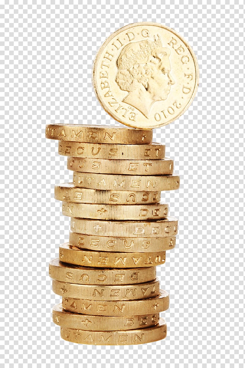 pile of Elizabeth the 2nd commemorative coins, Gold coin Money One pound Pound sterling, Golden Coins Stack transparent background PNG clipart