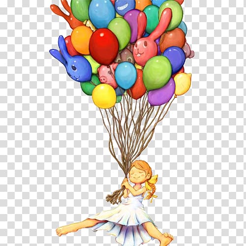 Balloon Happiness Art Illustration, Hand-painted little girl with colored balloons transparent background PNG clipart