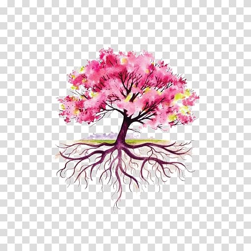 pink and yellow tree illustration, Root Tree Drawing Illustration, Pink watercolor tree transparent background PNG clipart