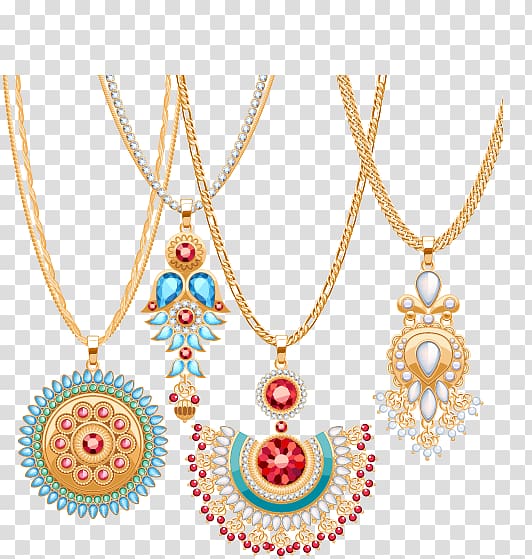 four assorted-color kundan pendant necklaces illustration, Necklace Pendant Gemstone, Luxury gold diamond necklace material, transparent background PNG clipart