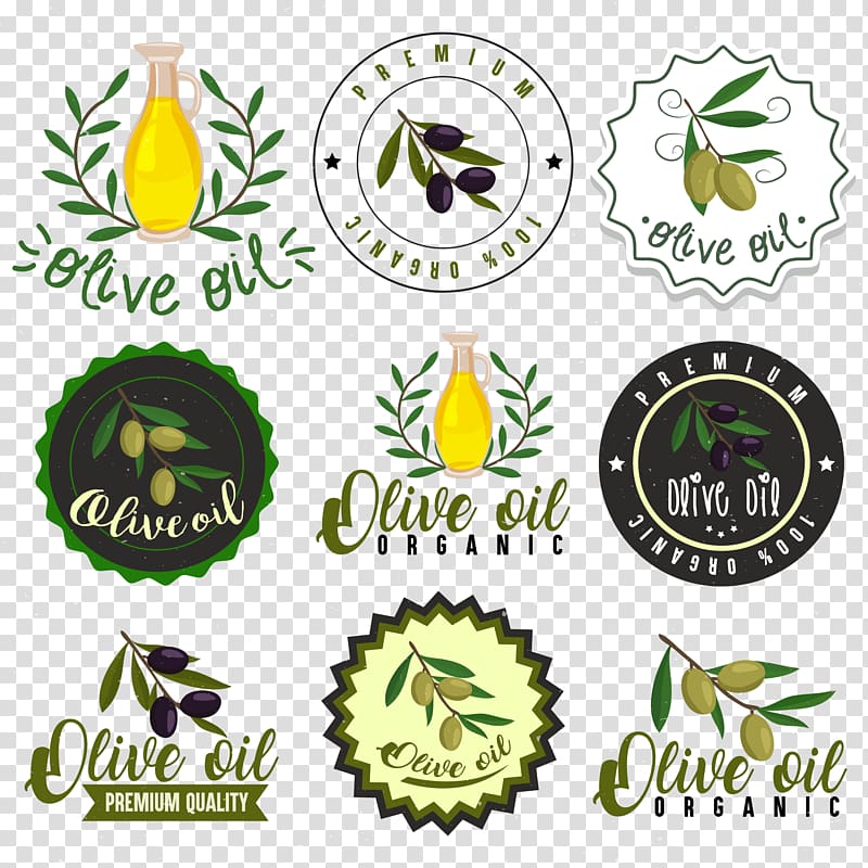 nine assorted-design olive oil logos illustration, Logo Olive oil Label, Olive oil icon collection transparent background PNG clipart