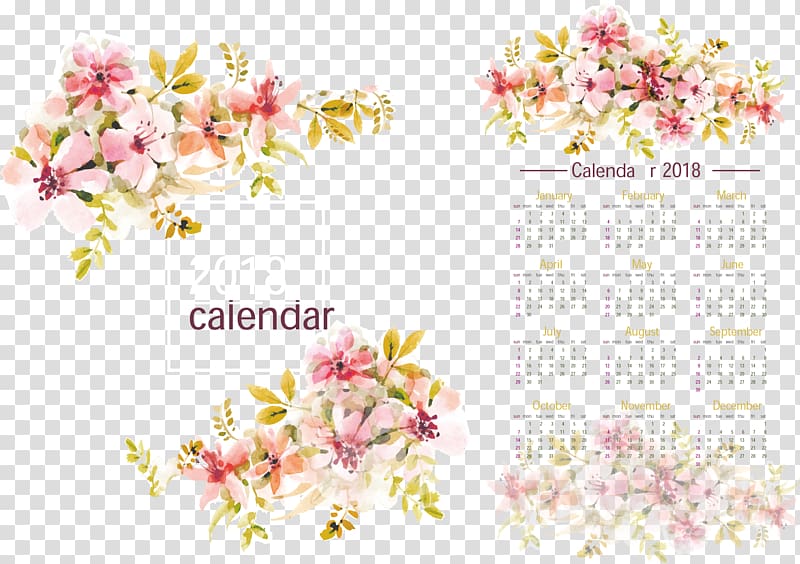 2018 calendar illustration, Calendar 2018 Lexus ES Time Template, Beautiful cherry decoration calendar template transparent background PNG clipart