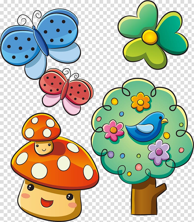 tree and mushroom , Insect Animation Illustration, Lovely mushroom material Trees transparent background PNG clipart