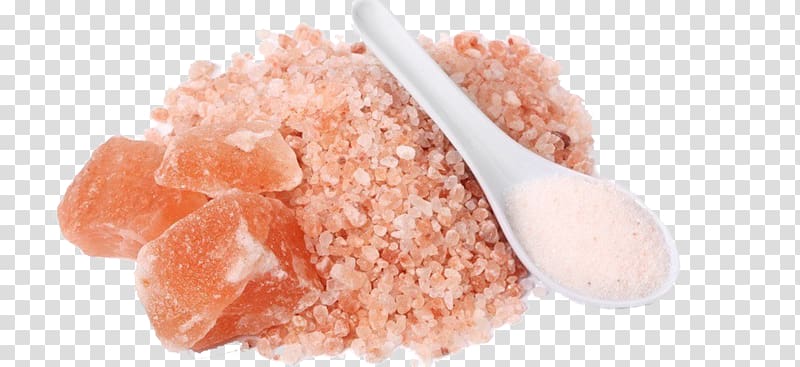 orange Himalayan stones beside spoon, Himalayas Himalayan salt Sodium chloride Sea salt, salt transparent background PNG clipart