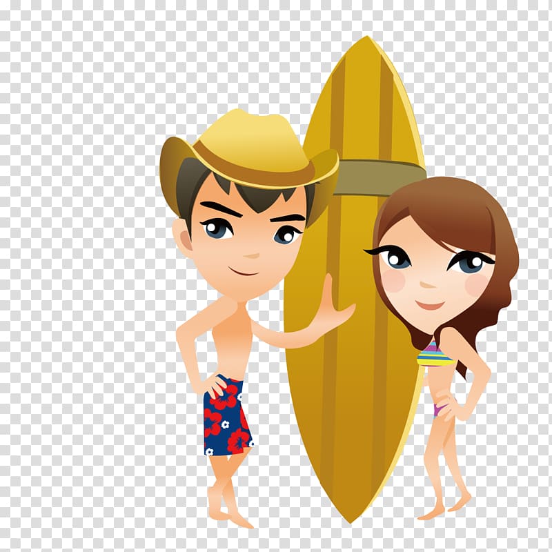 Cartoon Illustration, Play water surfing couple transparent background PNG clipart