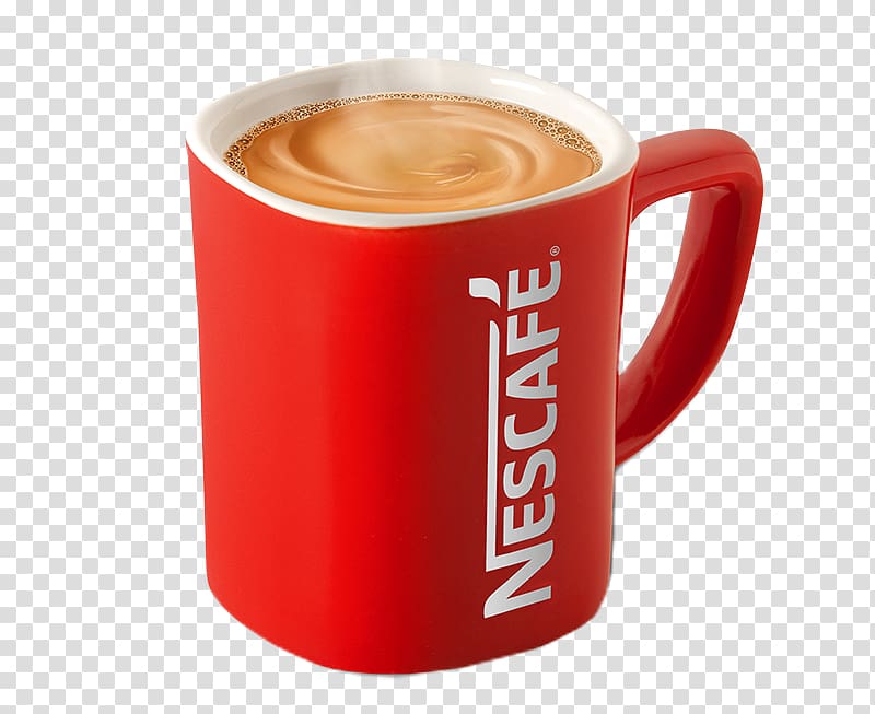 red and white Nescafe ceramic mug filled with coffee, Instant coffee Espresso Tea Nescafé, Nescafe red mug coffee transparent background PNG clipart