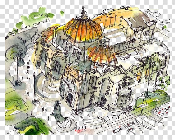 Palacio de Bellas Artes, Mexico City Torre Latinoamericana Watercolor painting Art Deco Sketch, Graffiti European architecture transparent background PNG clipart