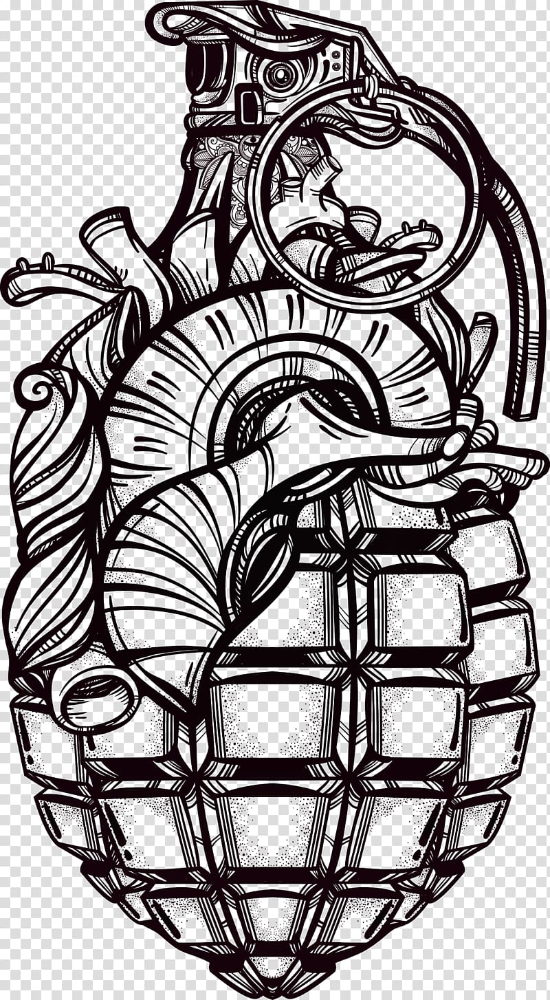 Black grenade illustration, Grenade Tattoo Drawing Weapon, Handpainted