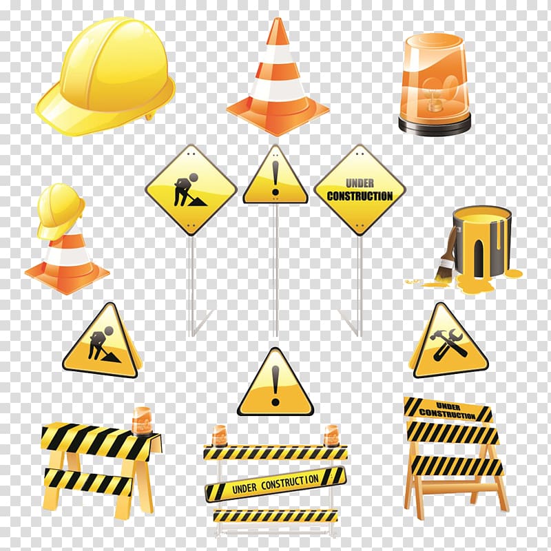 illustration of hard hat, traffic cone, signages, and beacon light, Architectural engineering Icon, Safety signs road construction material transparent background PNG clipart