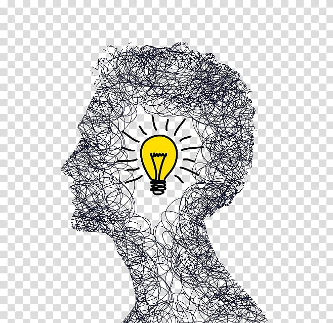 scribble man head illustration with light bulb, Concept Idea Illustration, Creative Brain transparent background PNG clipart
