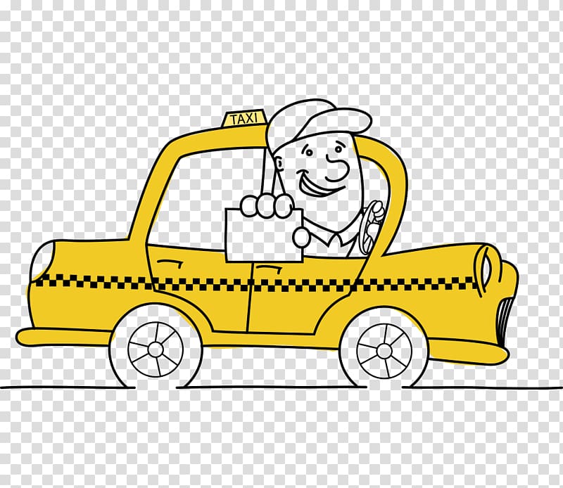 Taxi Madikeri Denver International Airport Bus Transport, Cartoon painted with yellow taxi driver to take the card transparent background PNG clipart